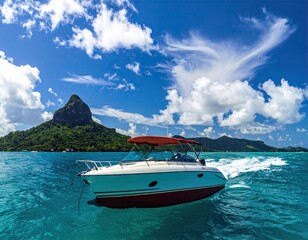 Motorboat Cruising Tropical Waters Under Sunny Sky