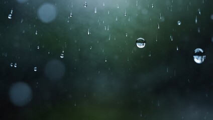Close up of numerous clear raindrops falling against a blurred natural green and dark background during rainfall