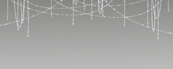 Christmas and New Year glowing garlands of bulbs and lights. Design element for holiday cards, backgrounds, business cards, vector png on transparent background.