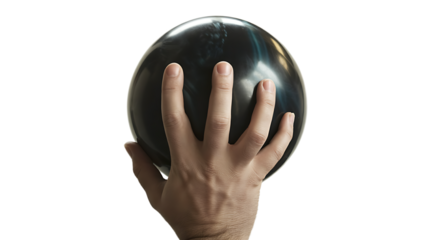 a bowlers hand grips a black bowling ball, poised for a strike anticipation and power, isolated on transparent background
