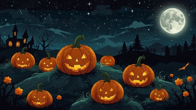 Glowing jack o' lanterns illuminate a spooky landscape under a starry full moon Halloween night sky