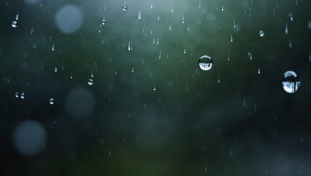 Close up of numerous clear raindrops falling against a blurred natural green and dark background during rainfall