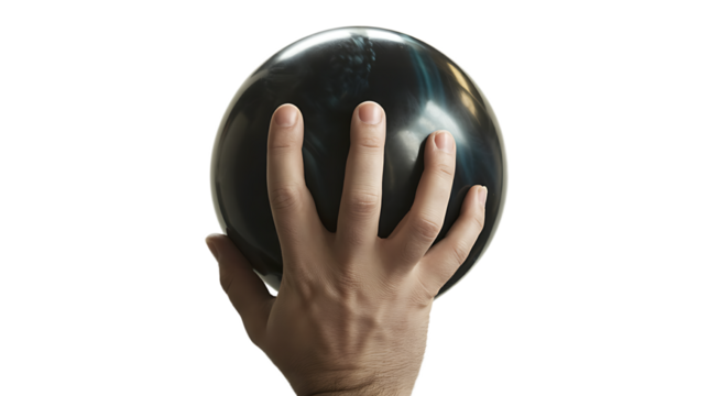 a bowlers hand grips a black bowling ball, poised for a strike anticipation and power, isolated on transparent background
