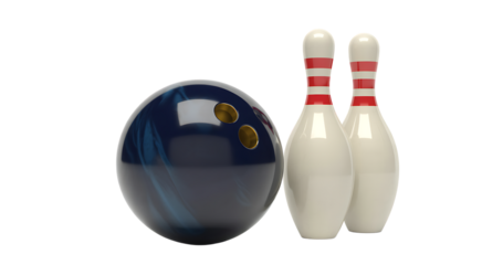 A blue bowling ball knocks down two white and red bowling pins on a transparent background. background removed
