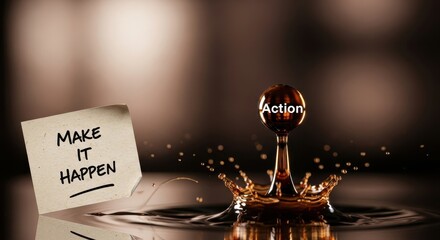 Water drop making a splash with the word Action written on top