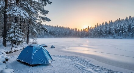 Winter camping tent by a frozen lake at sunrise