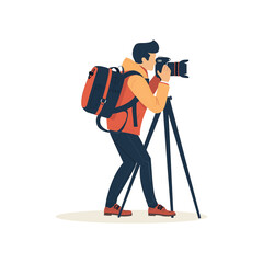 Photographer Illustration Man with Camera Tripod and Backpack in Flat Minimal Vector Style