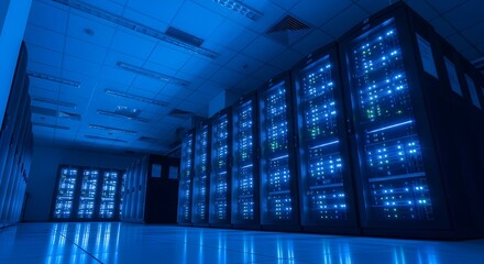 Rows of glowing blue server racks in a modern data center, illuminated by the cool, artificial light, creating a futuristic and hightech atmosphere