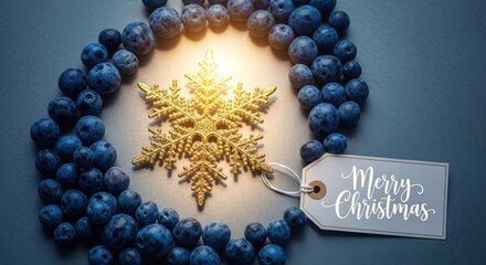 A gold snowflake ornament surrounded by fresh blueberries with a Christmas tag