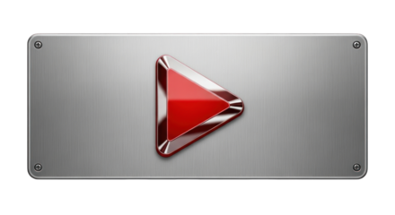 Red glossy play button on a brushed metal plate isolated on white background.