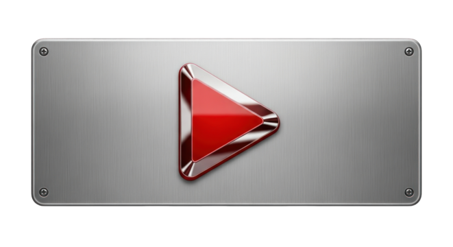 Red glossy play button on a brushed metal plate isolated on white background. - Powered by Adobe