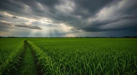 A vibrant green rice field under a dramatic cloudy sky