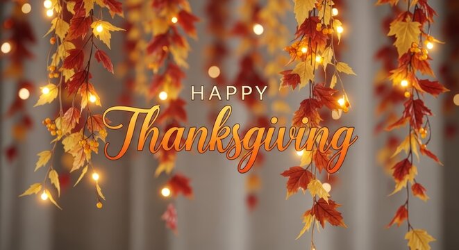 Happy Thanksgiving Message Amidst Glowing Autumn Leaves and Berries
