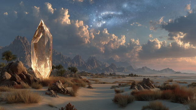 Beautiful of golden crystal is on the desert landscape.