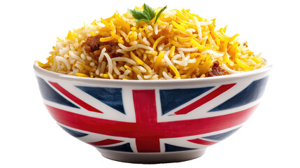 Traditional biryani served in bowl with British flag design