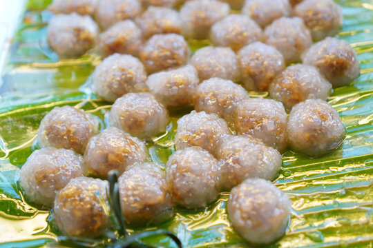 Thai Tapioca Dumplings with Shiitake Filling on Banana Leaf