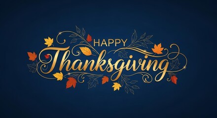 Elegant Happy Thanksgiving Golden Script with Autumn Leaves on Blue Background