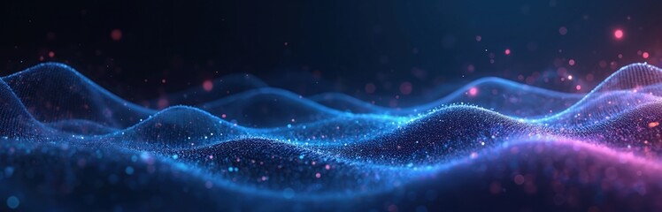 Abstract digital landscape with wave pattern. Tech background displays flowing lines, particles. Illustration suitable for finance business. Modern design futuristic environment in blue tones.