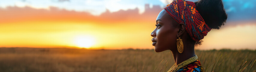 Woman in traditional head wrap looking at sunset in grassy field