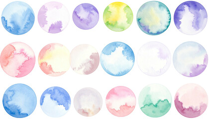 Round watercolor blots in soft blue, purple, and green colors