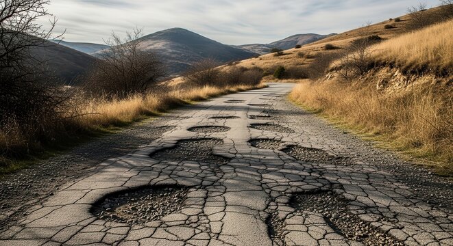 Damaged rural road with numerous potholes winding into distance