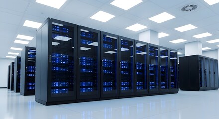 A modern data center with rows of server racks, glowing with blue lights, representing technology and digital infrastructure