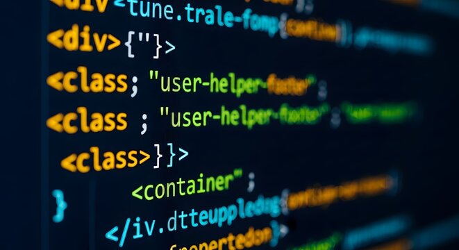 Closeup of computer code on a dark screen, displaying html and css syntax with syntax highlighting