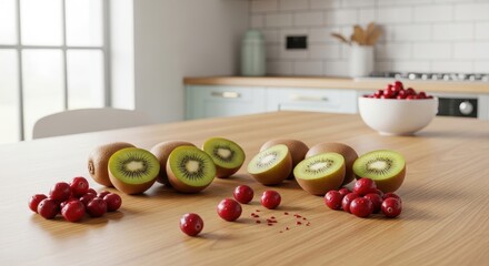 Halved kiwis and red berries arranged on a wooden table with natural light