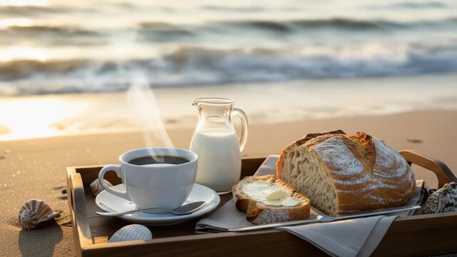 A beach breakfast scene displays coffee, bread, butter, and milk on a wooden tray with shells