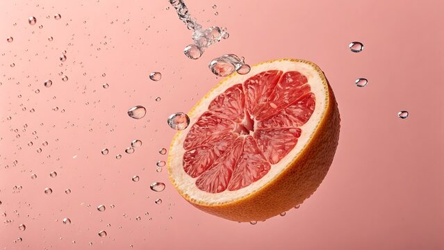 A vibrant grapefruit slice suspended in water, surrounded by splashing droplets, creating a refreshing and visually appealing image against a pink background