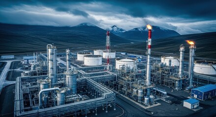 Large industrial oil refinery plant with mountains in the background