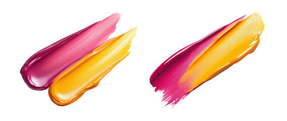 Double paint swatch, yellow and burgundy color. Close-up of thick creamy texture with full coverage effect. Isolated element with clear even edge on transparent background