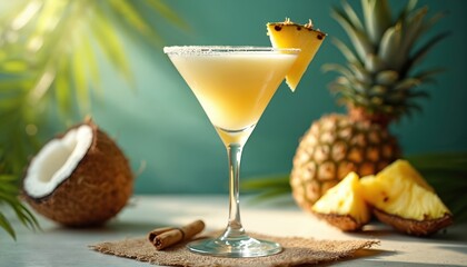 Martini glass with creamy pineapple coconut cocktail. Fresh cocktail with pineapple slice garnish against tropical background with coconut, pineapple. Refreshing summer beverage. Drink for vacation.