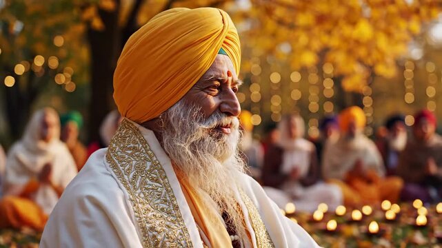Portrait of a senior sikh man with beard wearing a turban sitting in a park with other people in background guru nanak jayanti