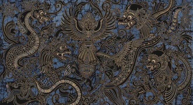 Traditional Indonesian Batik Art Featuring Mythical Dragons and Garuda
