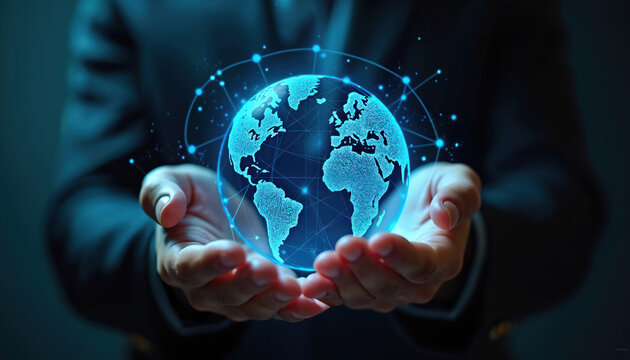 Person holds glowing digital globe. Blue world map in hands represents global network and connections. Concept of worldwide communication tech and modern innovation. Idea about cyber space and data. - Powered by Adobe