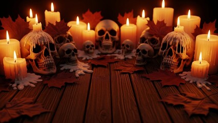 Candlelit Halloween background with skulls, dried leaves, and warm glow. Cinematic and moody atmosphere perfect for posters or scenes.