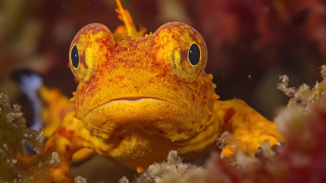 Close Up of Orange Frogfish Swimming Near Seaweed