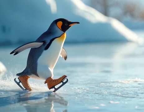 King penguin ice skates across frozen surface. Bird wears ice skates, glides on ice, moves fast. White blue winter nature scene, motion blur.