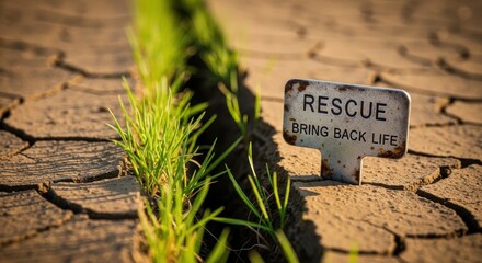 A rusted rescue sign placed next to growing grass signifying hope