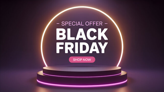 Modern Black Friday discount banner featuring a glowing circle and podium on a dark background, perfect for sales, promotions, and marketing campaigns.