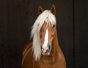 Frontal portrait of a beautiful chestnut horse with a white mane