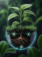 Vibrant young plant's roots absorb essential nutrients N, P, K from rich soil, symbolizing growth, life, and agricultural innovation in a modern scientific concept.