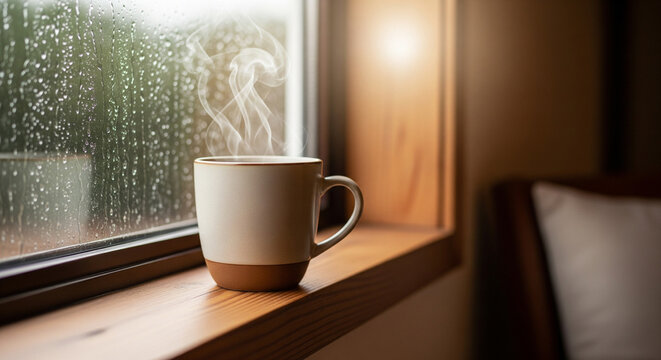 Steaming coffee mug on a windowsill with a rain-streaked window, cozy concept.