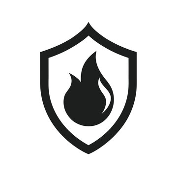 Simple flame inside shield safety silhouette icon clean vector design for fire protection concept