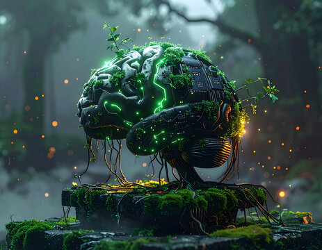 Futuristic biomechanical brain entwined with vibrant green moss and glowing circuits, symbolizing innovation and organic growth in a mystical forest.