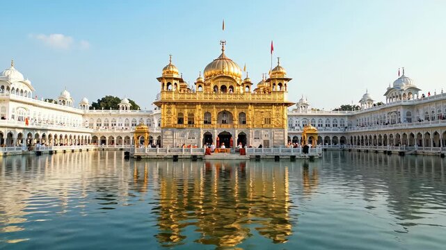 Golden temple in amritsar, india reflecting in the holy water on a sunny day with blue sky and white buildings guru nanak jayanti
