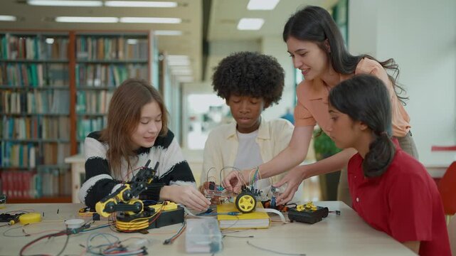 Female teacher teaching high school students in a robotics and technology class, collaboratively building a robot for a engineering project