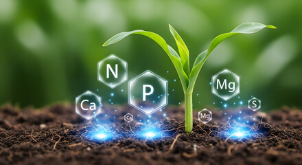 Vibrant young plant sprouting from rich soil, showcasing essential nutrients like Nitrogen, Phosphorus, Calcium, Magnesium, and Sulfur for optimal growth and agricultural success.