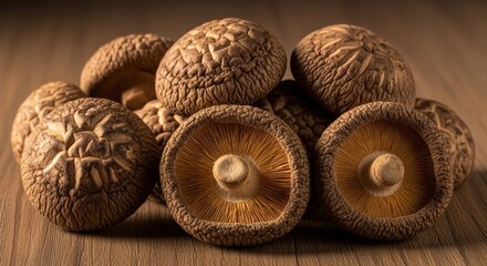 Close up of several fresh shiitake mushrooms on wooden surface